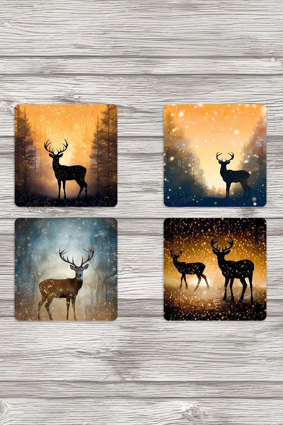 Doğa Temalı Geyik Baskılı 4'lü Set Dekoratif Ahşap Kare Bardak Altlığı