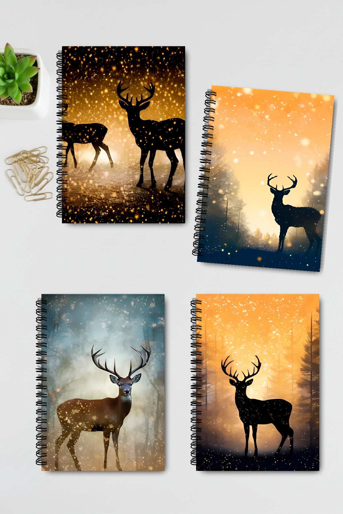 Doğa Temalı Geyik Tasarım Tel Spiralli 4'lü Hatıra Günlük Ajanda Anı Okul Defter Seti
