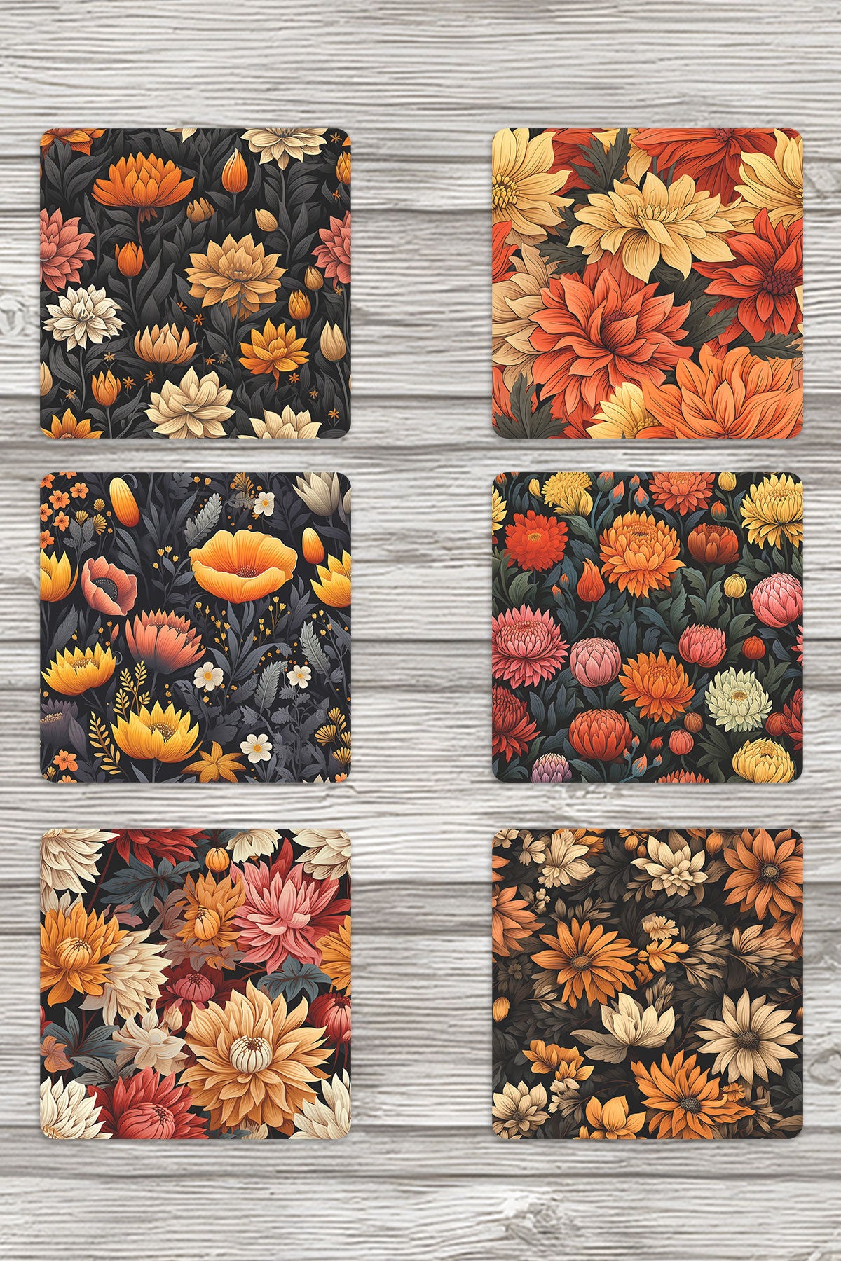 Sonbahar Çiçekleri No:2 Baskılı 6'lı Set Dekoratif Ahşap Kare Bardak Altlığı