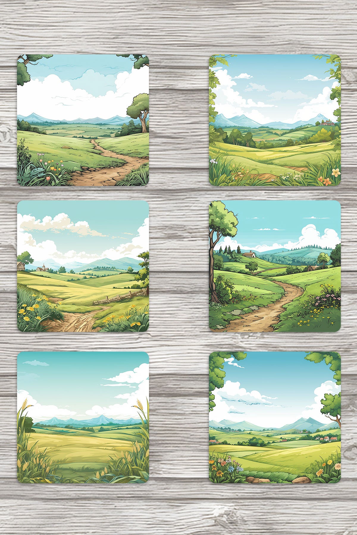 Doğa Temalı Çiftlik No:1 Baskılı 6'lı Set Dekoratif Ahşap Kare Bardak Altlığı