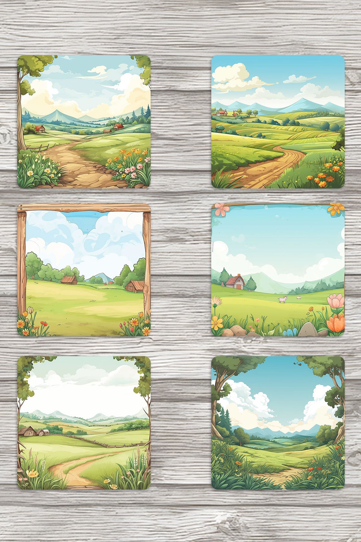 Doğa Temalı Çiftlik No:2 Baskılı 6'lı Set Dekoratif Ahşap Kare Bardak Altlığı