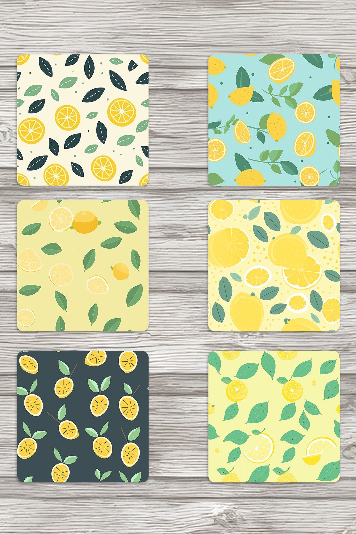 Limon Desenli No:2 Baskılı 6'lı Set Dekoratif Ahşap Kare Bardak Altlığı