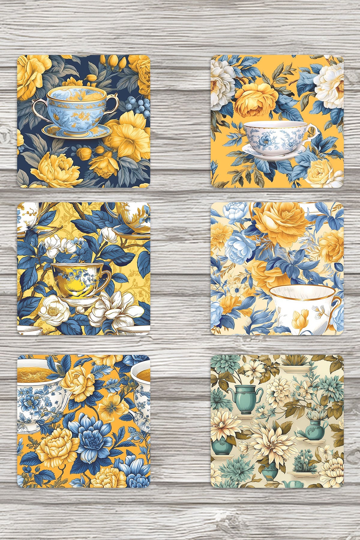 Retro Çiçekler No:1 Baskılı 6'lı Set Dekoratif Ahşap Kare Bardak Altlığı