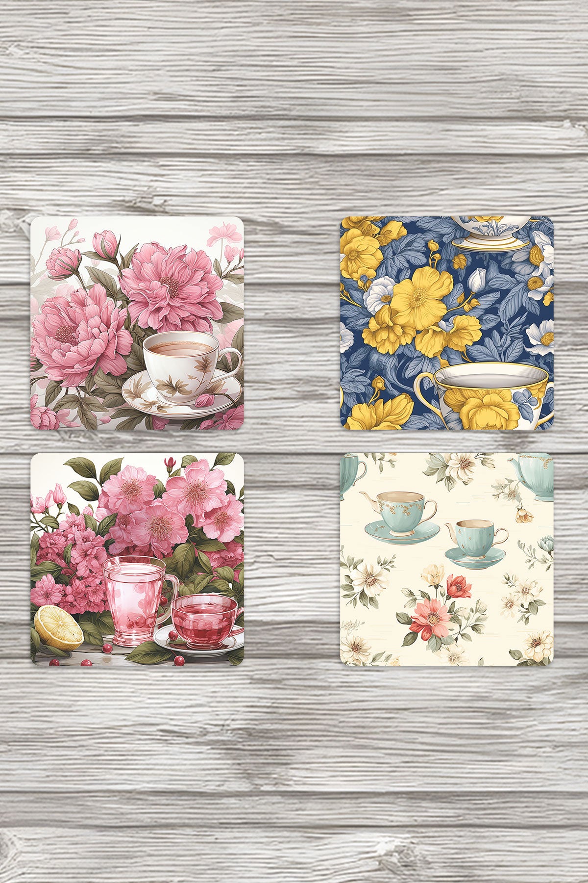 Retro Çiçekler No:3 Baskılı 4'lü Set Dekoratif Ahşap Kare Bardak Altlığı