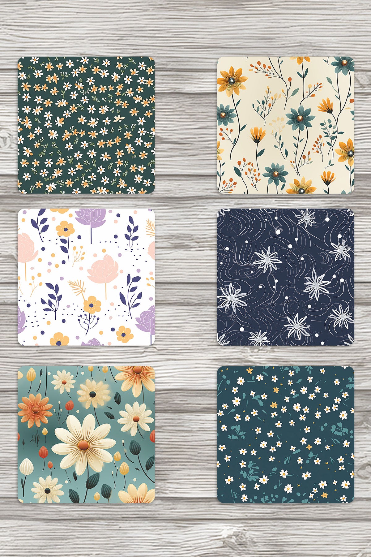 Çiçek Desenleri No:1 Baskılı 6'lı Set Dekoratif Ahşap Kare Bardak Altlığı