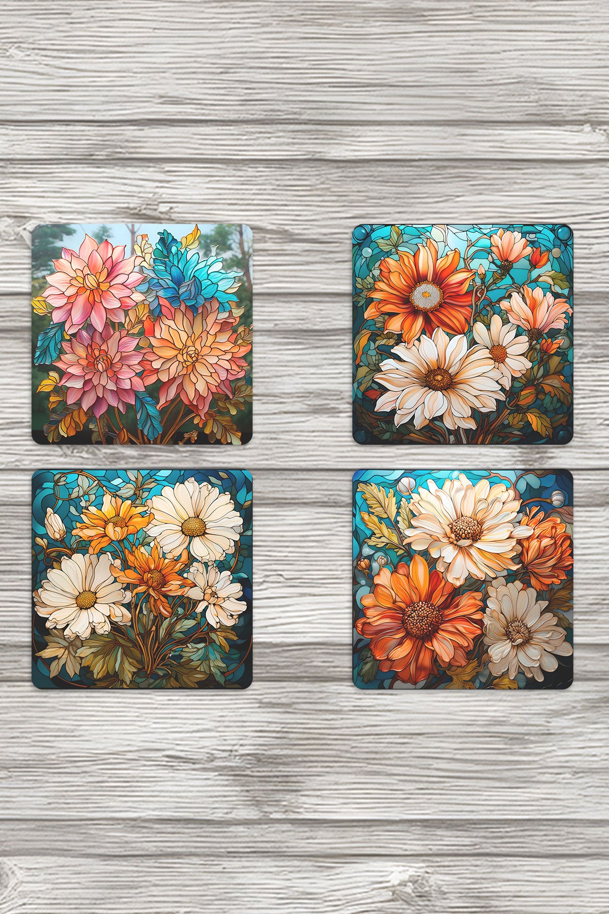 Vitray Görünümlü Çiçekler Baskılı 4'lü Set Dekoratif Ahşap Kare Bardak Altlığı