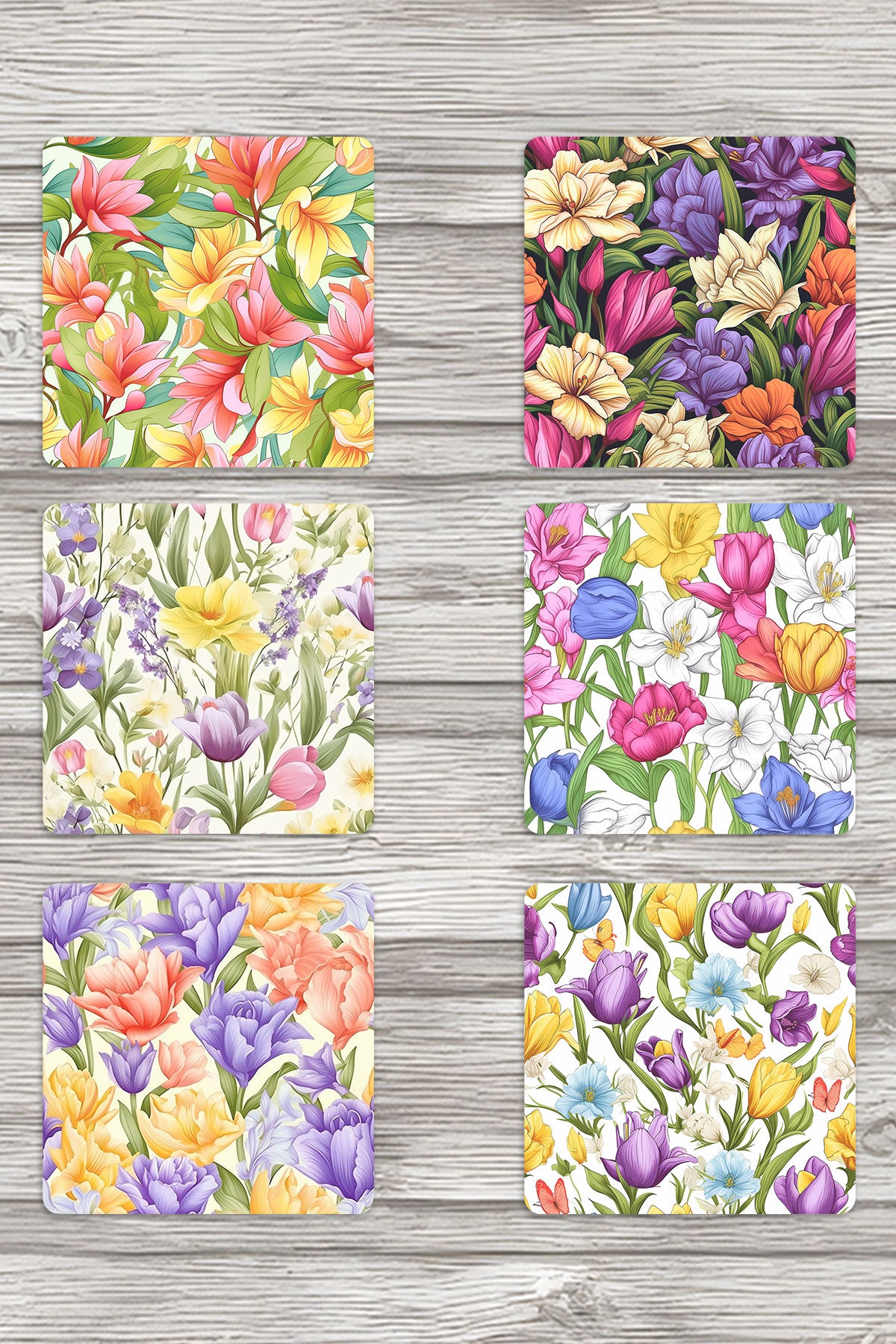 Vintage Bahçe Çiçekler No:2 Baskılı 6'lı Set Dekoratif Ahşap Kare Bardak Altlığı