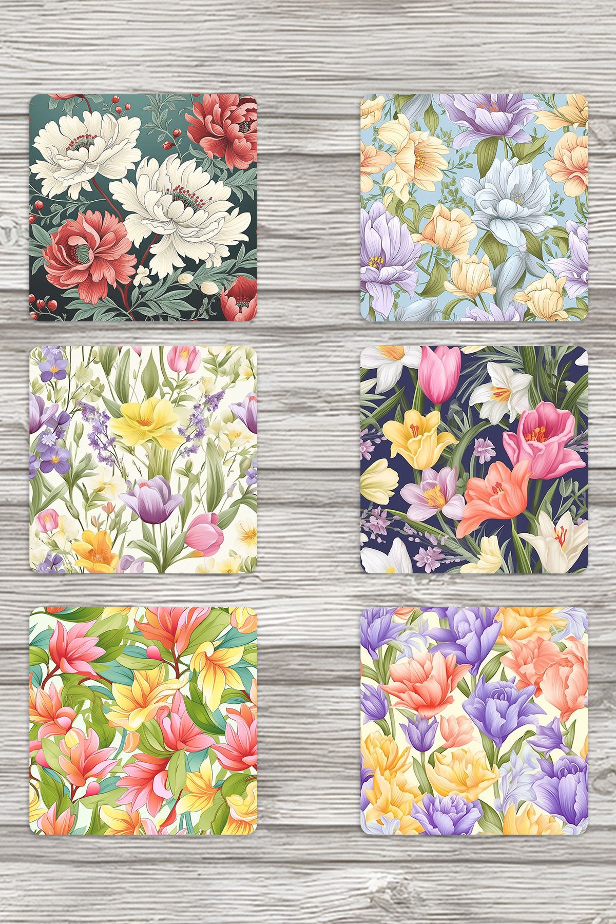 Vintage Bahçe Çiçekler No:3 Baskılı 6'lı Set Dekoratif Ahşap Kare Bardak Altlığı