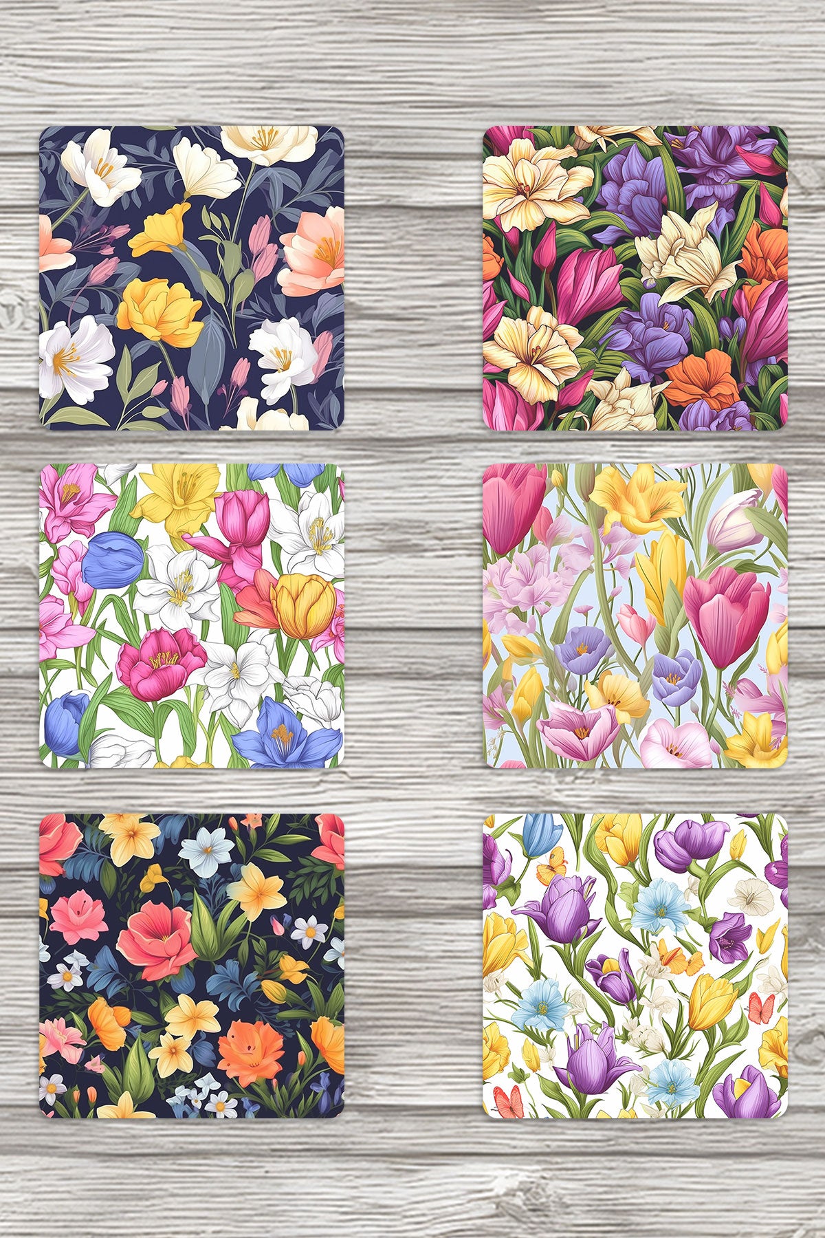 Vintage Bahçe Çiçekler No:4 Baskılı 6'lı Set Dekoratif Ahşap Kare Bardak Altlığı