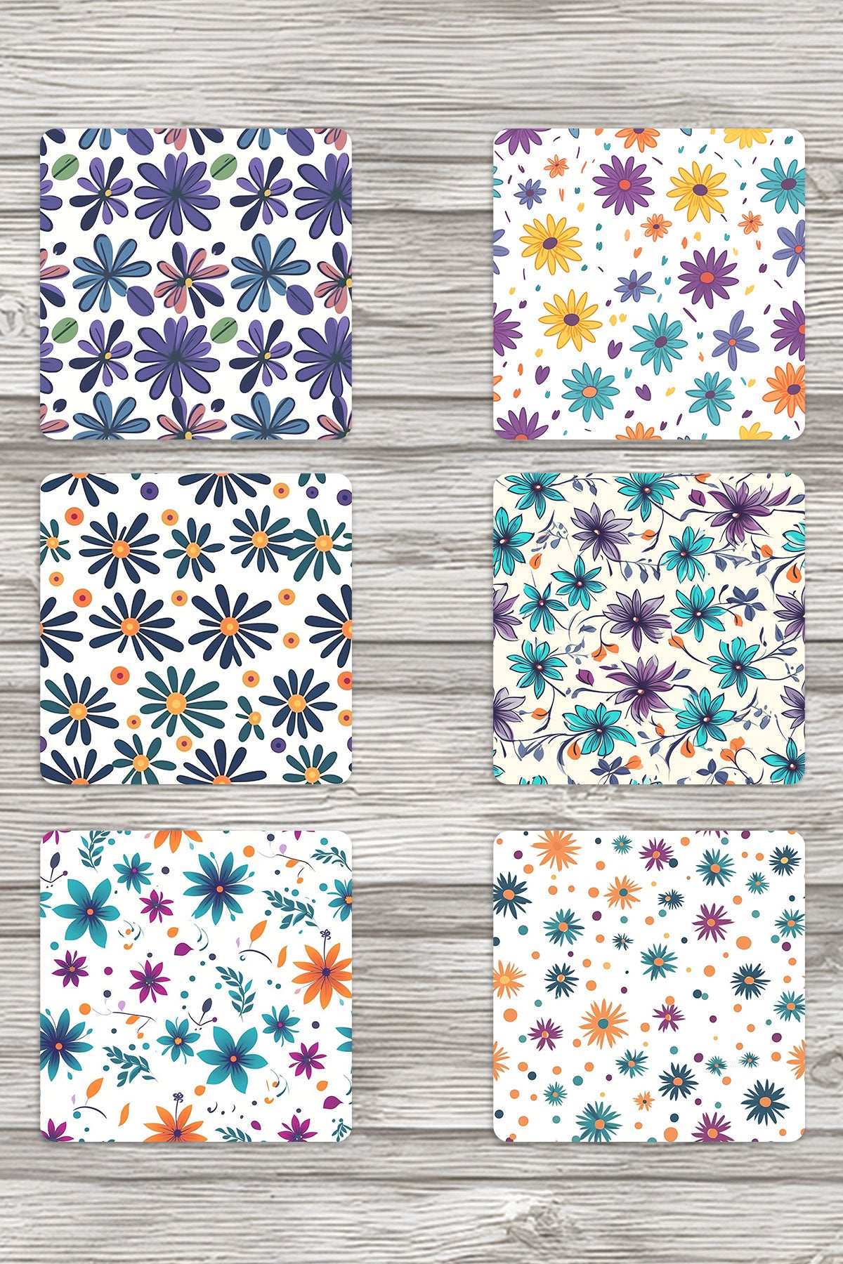 Çiçek Desenleri No:2 Baskılı 6'lı Set Dekoratif Ahşap Kare Bardak Altlığı
