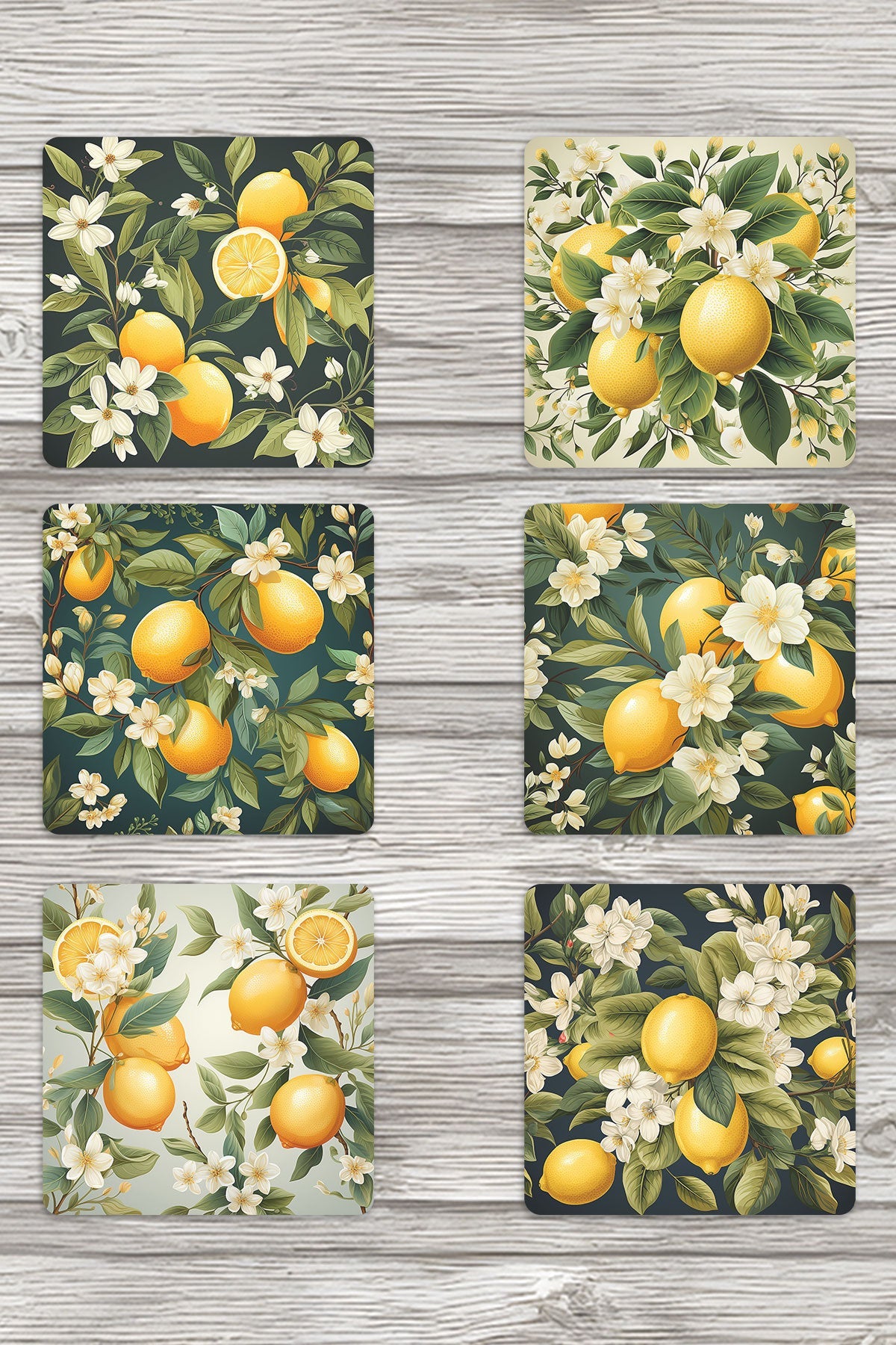 Limon Desenli No:4 Baskılı 6'lı Set Dekoratif Ahşap Kare Bardak Altlığı