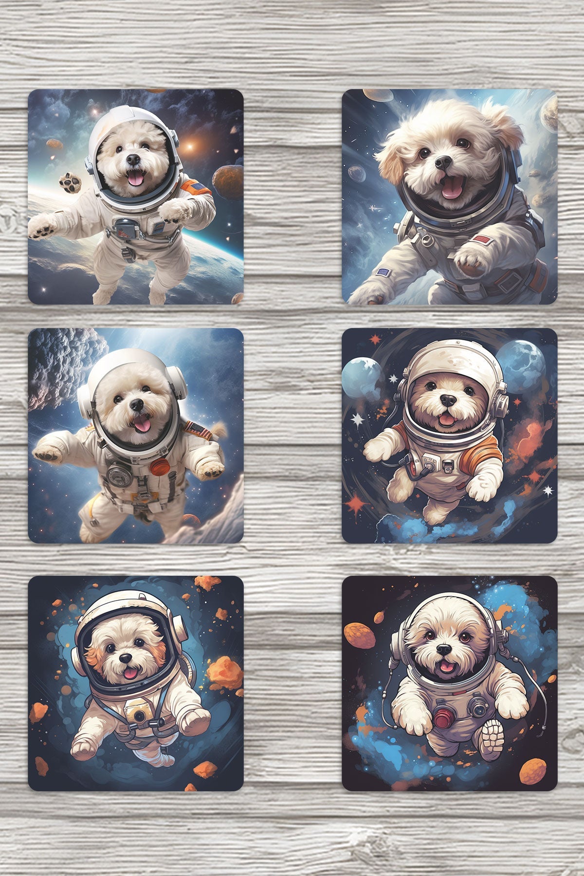 Sevimli Astronot Köpekler No:3 Baskılı 6'lı Set Dekoratif Ahşap Kare Bardak Altlığı
