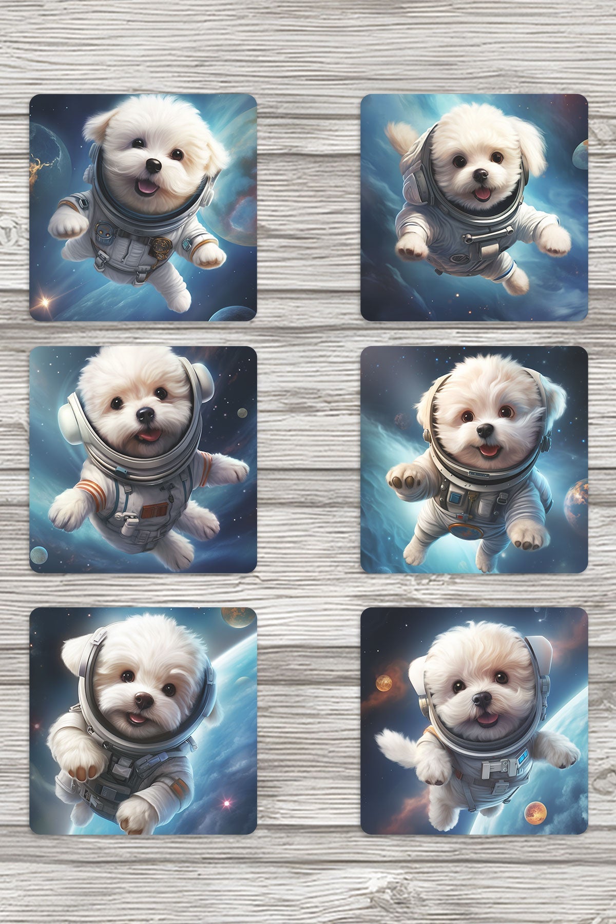 Sevimli Astronot Köpekler No:4 Baskılı 6'lı Set Dekoratif Ahşap Kare Bardak Altlığı