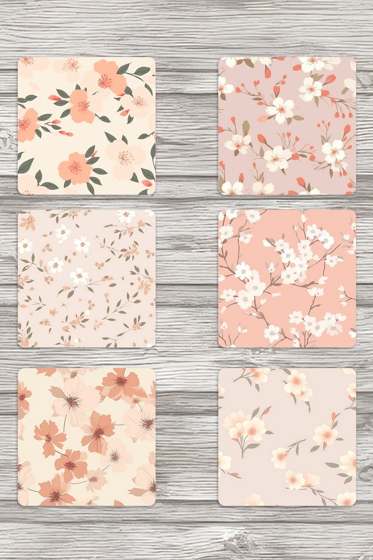 Minimal Çiçekler No:1 Baskılı 6'lı Set Dekoratif Ahşap Kare Bardak Altlığı