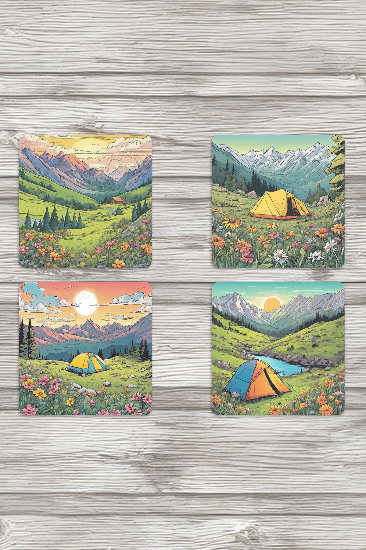 Doğal Yaşam Manzara No:5 Baskılı 4'lü Set Dekoratif Ahşap Kare Bardak Altlığı