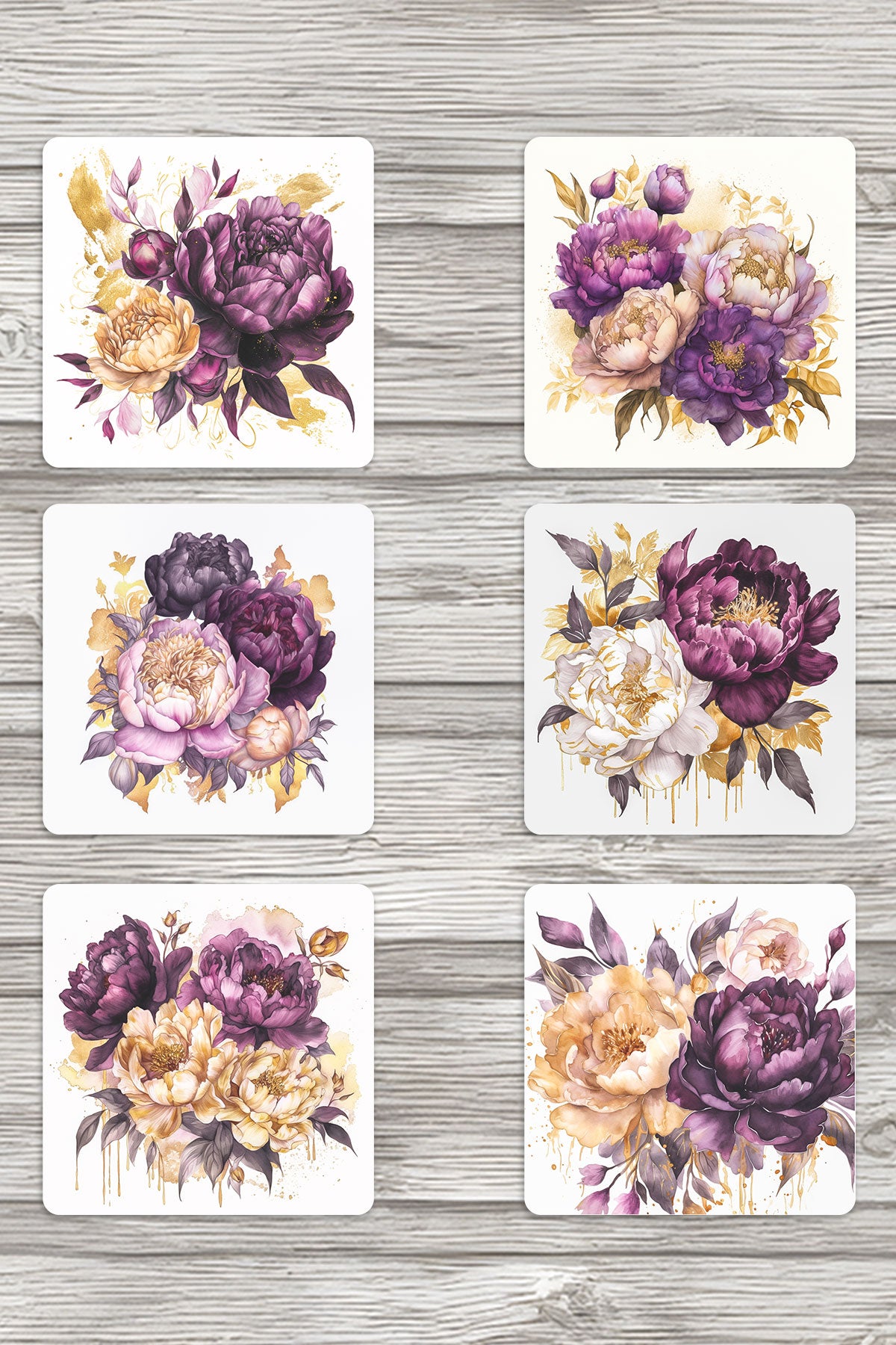 Doğa Temalı Renli Çiçekler Baskılı 6'lı Set Dekoratif Ahşap Kare Bardak Altlığı