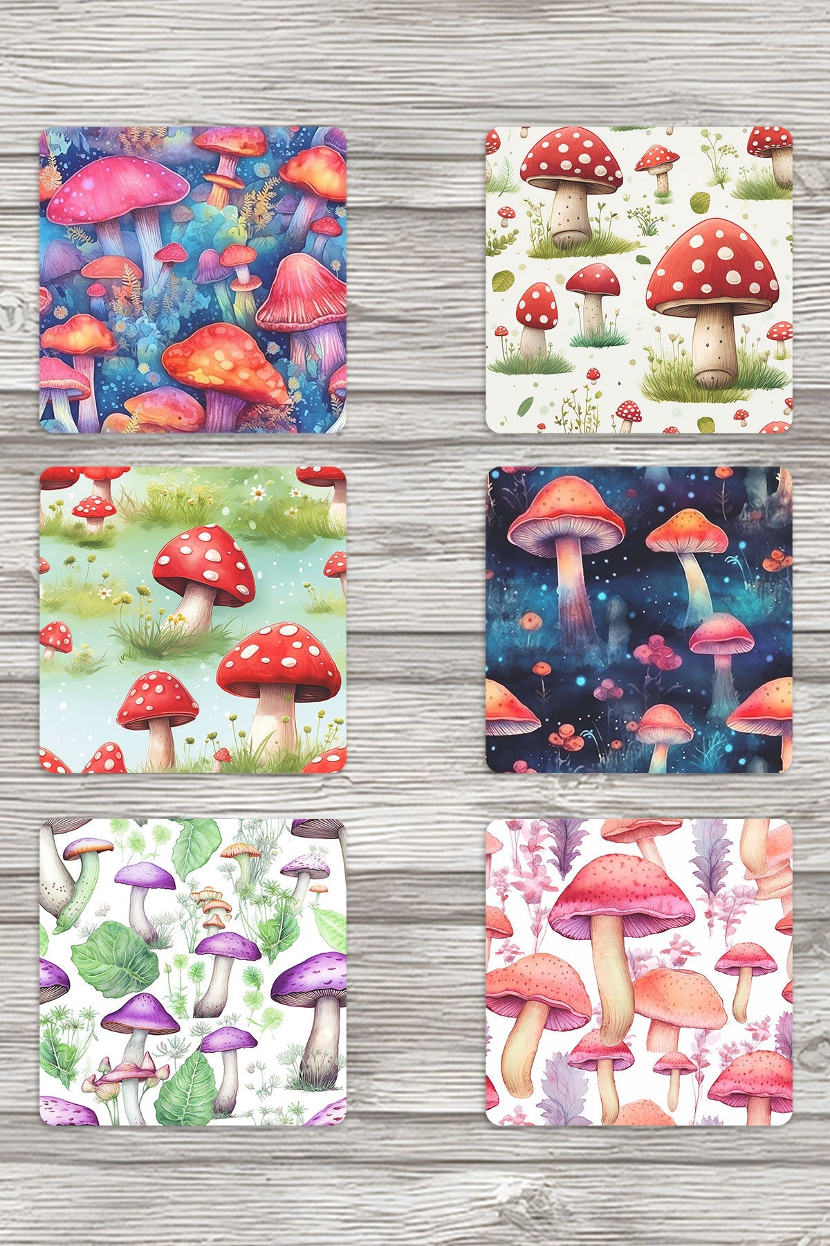 Renkli Mantarlar No:2 Baskılı 6'lı Set Dekoratif Ahşap Kare Bardak Altlığı