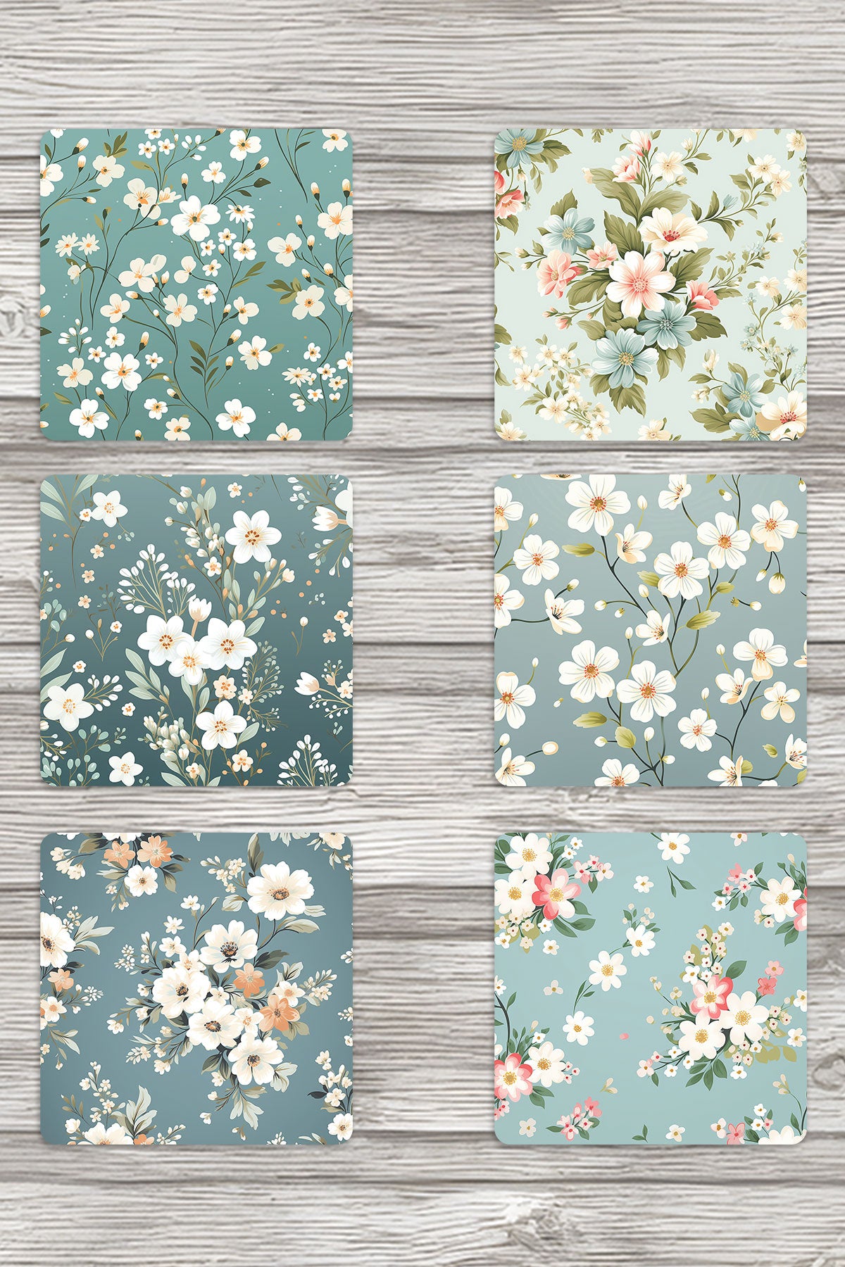 Nostalji Çiçekler No:2 Baskılı 6'lı Set Dekoratif Ahşap Kare Bardak Altlığı