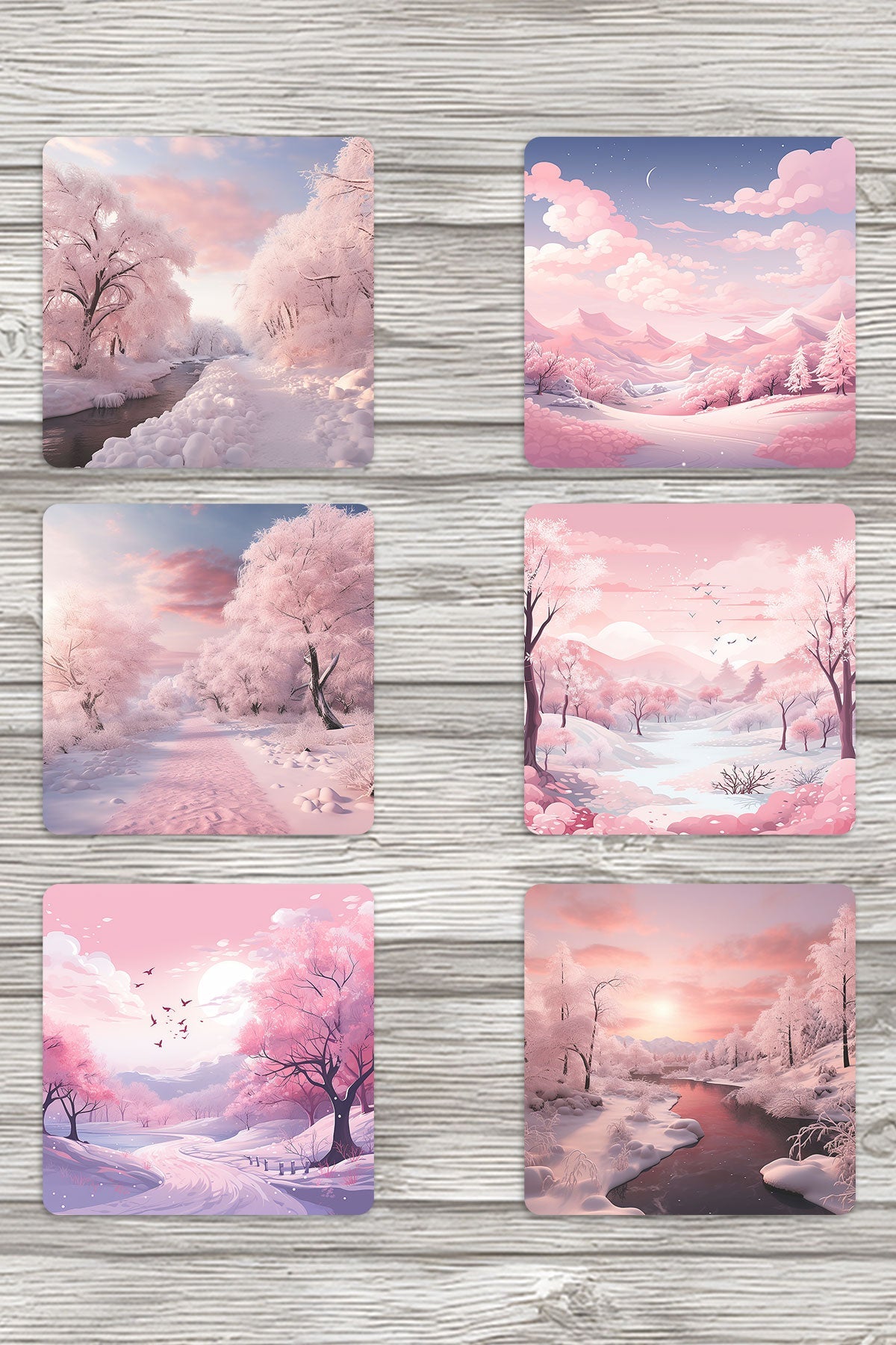 Pembe Kış Ağaçları No:1 Baskılı 6'lı Set Dekoratif Ahşap Kare Bardak Altlığı