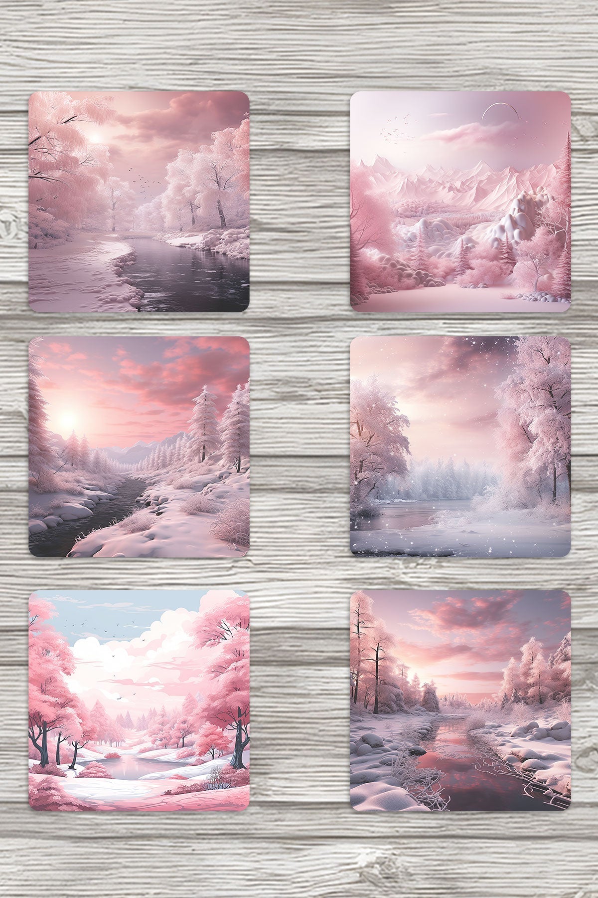 Pembe Kış Ağaçları No:2 Baskılı 6'lı Set Dekoratif Ahşap Kare Bardak Altlığı