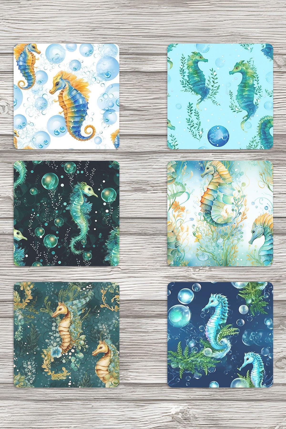 Denizatı Okyanus Temalı No:1 Baskılı 6'lı Set Dekoratif Ahşap Kare Bardak Altlığı