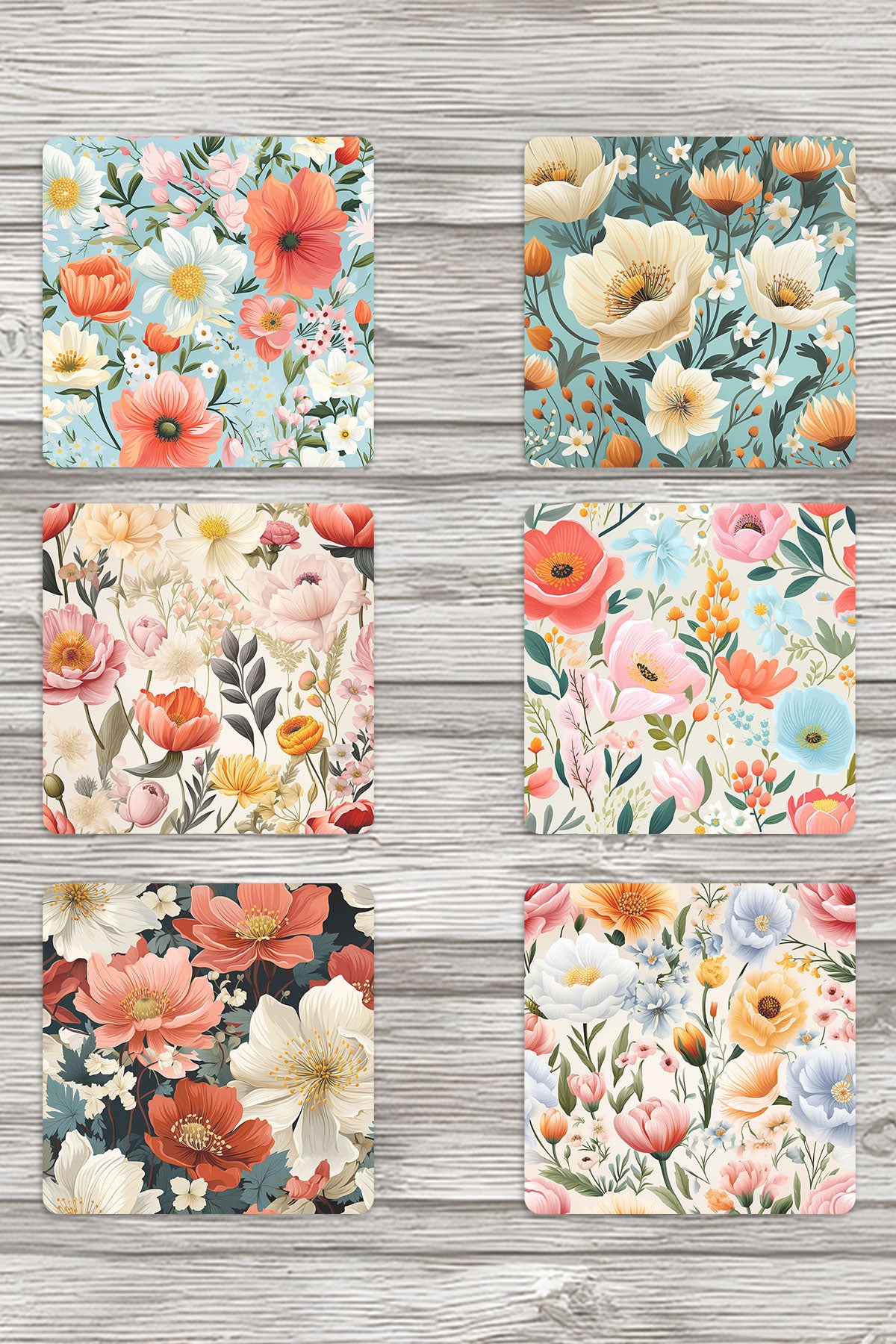 İlkbahar Çiçekleri No:1 Baskılı 6'lı Set Dekoratif Ahşap Kare Bardak Altlığı