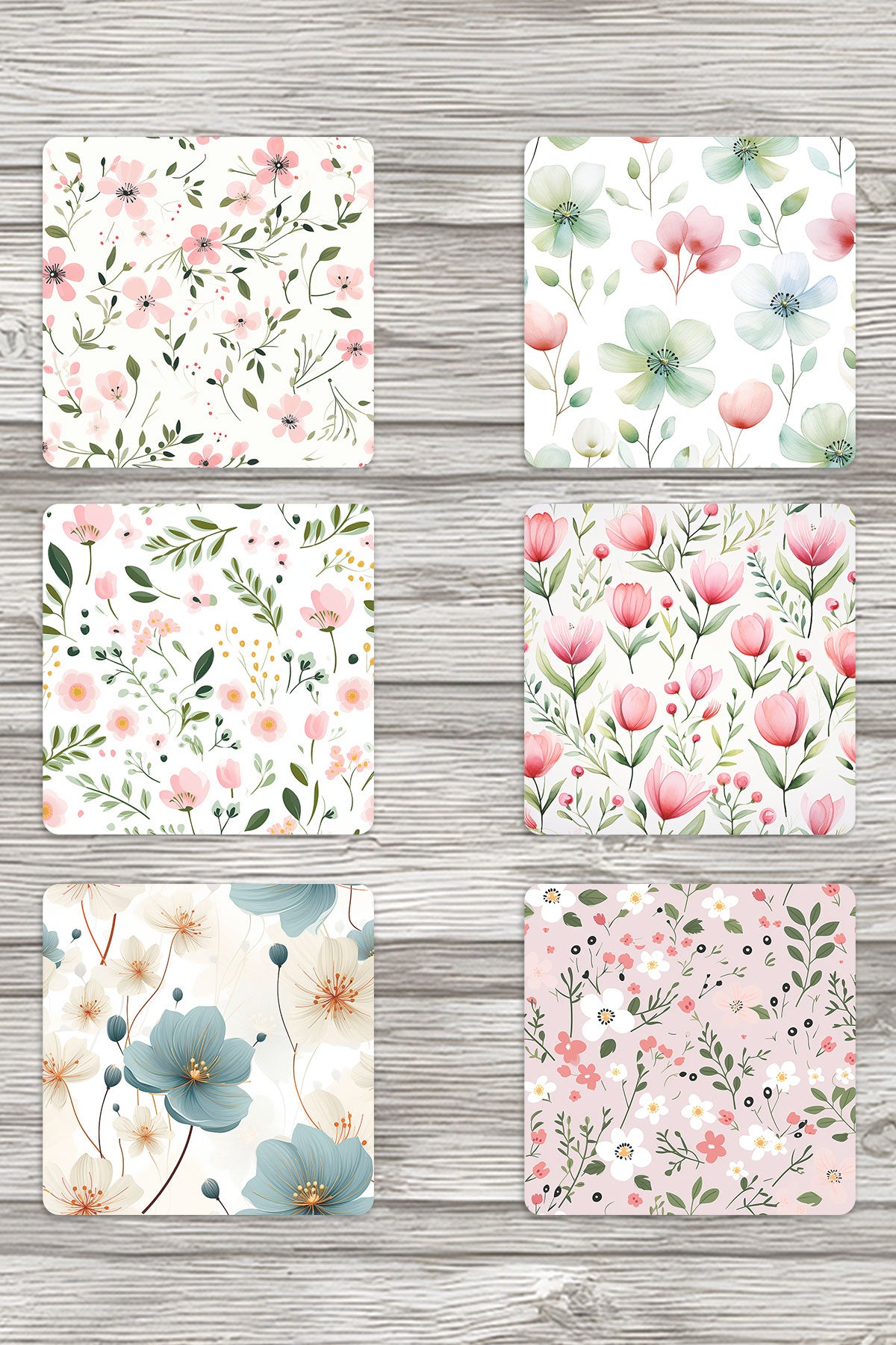 Minimal Çiçekler No:3 Baskılı 6'lı Set Dekoratif Ahşap Kare Bardak Altlığı