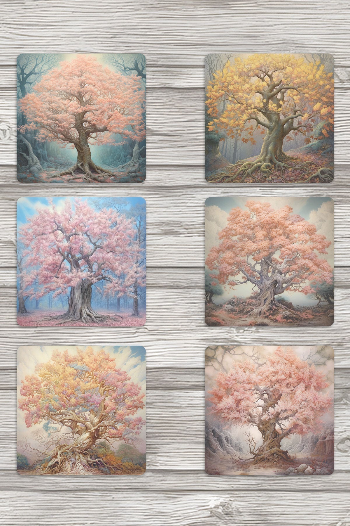 Vintage Ağaçlar No:3 Baskılı 6'lı Set Dekoratif Ahşap Kare Bardak Altlığı