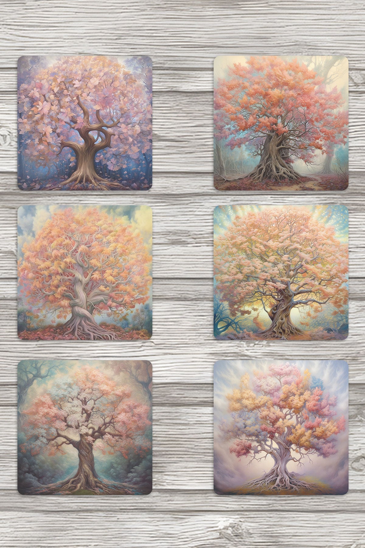 Vintage Ağaçlar No:4 Baskılı 6'lı Set Dekoratif Ahşap Kare Bardak Altlığı