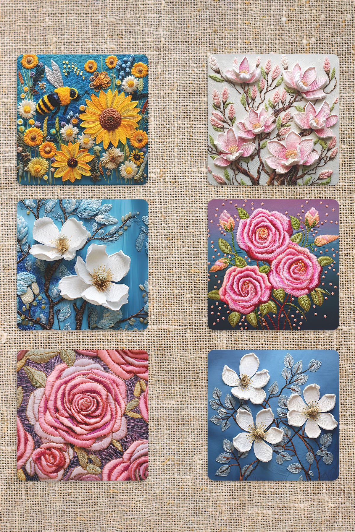 Doğal Çiçekler Temalı Hediyelik Baskılı 6'lı Set Dekoratif Ahşap Kare Bardak Altlığı