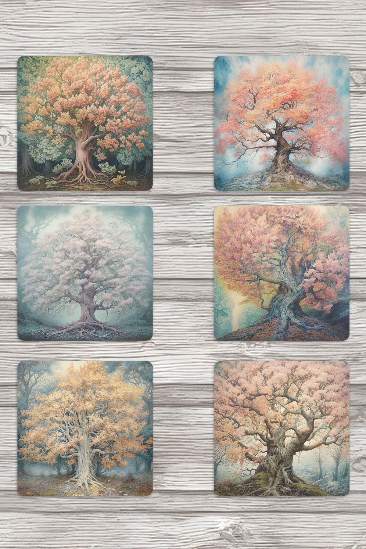 Vintage Ağaçlar No:5 Baskılı 6'lı Set Dekoratif Ahşap Kare Bardak Altlığı