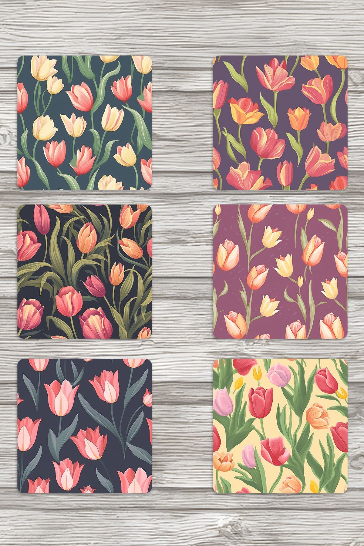 Renkli Laleler Baskılı 6'lı Set Dekoratif Ahşap Kare Bardak Altlığı