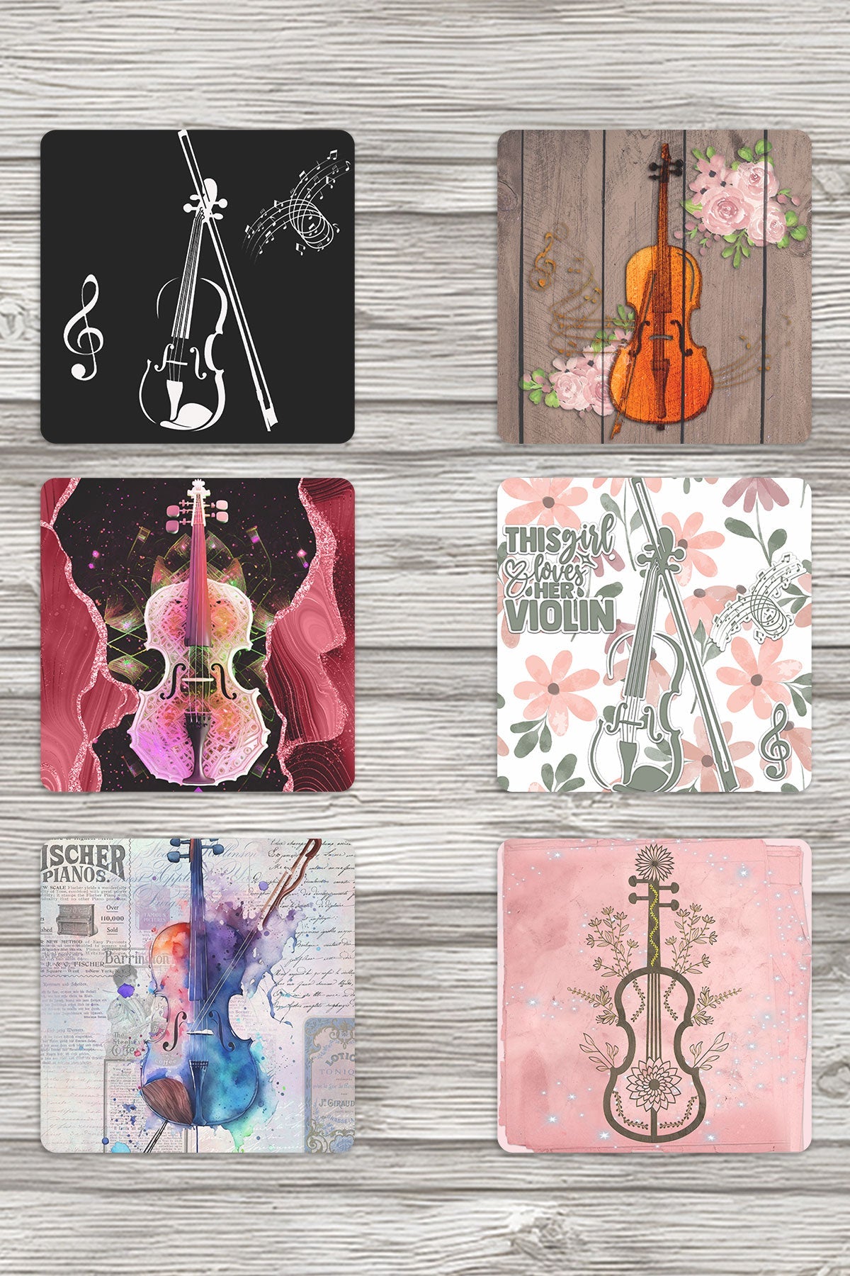 Violin Temalı No:1 Baskılı 6'lı Set Dekoratif Ahşap Kare Bardak Altlığı