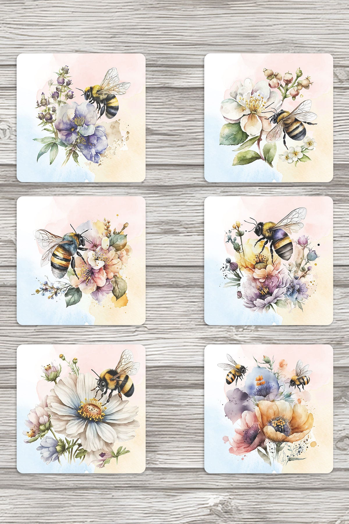 Arı ve Çiçekler Baskılı 6'lı Set Dekoratif Ahşap Kare Bardak Altlığı