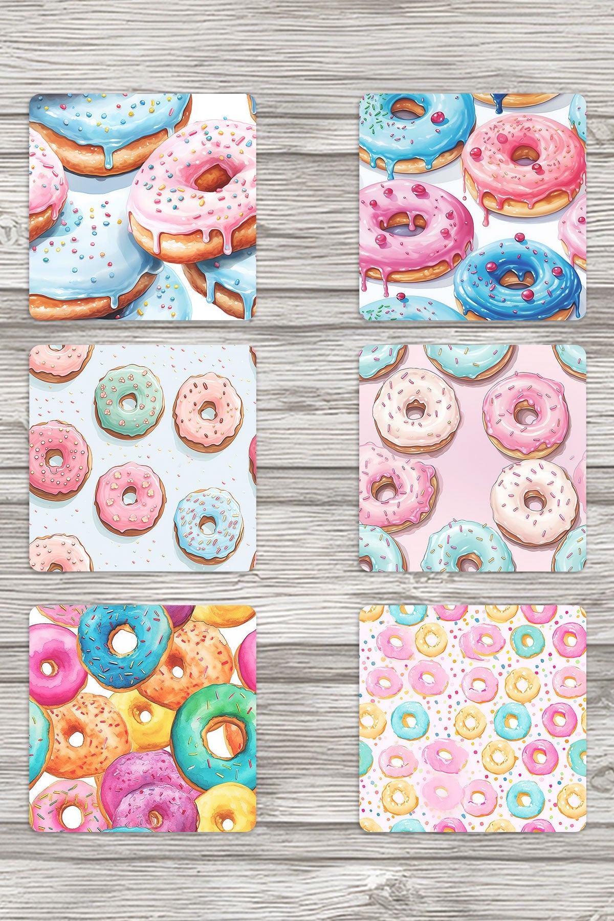 Renkli Donutlar No:1 Baskılı 6'lı Set Dekoratif Ahşap Kare Bardak Altlığı