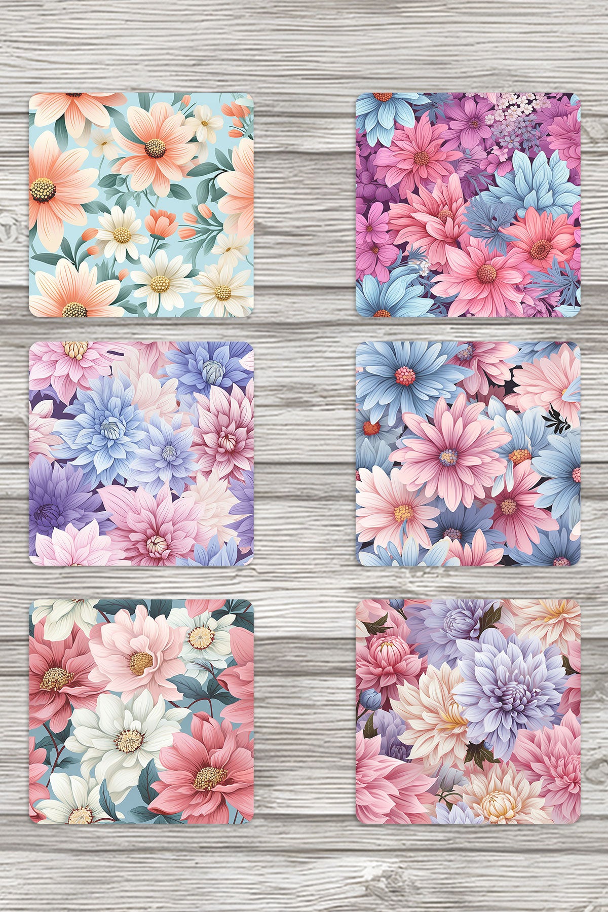 Renkli Çiçekler No:1 Baskılı 6'lı Set Dekoratif Ahşap Kare Bardak Altlığı