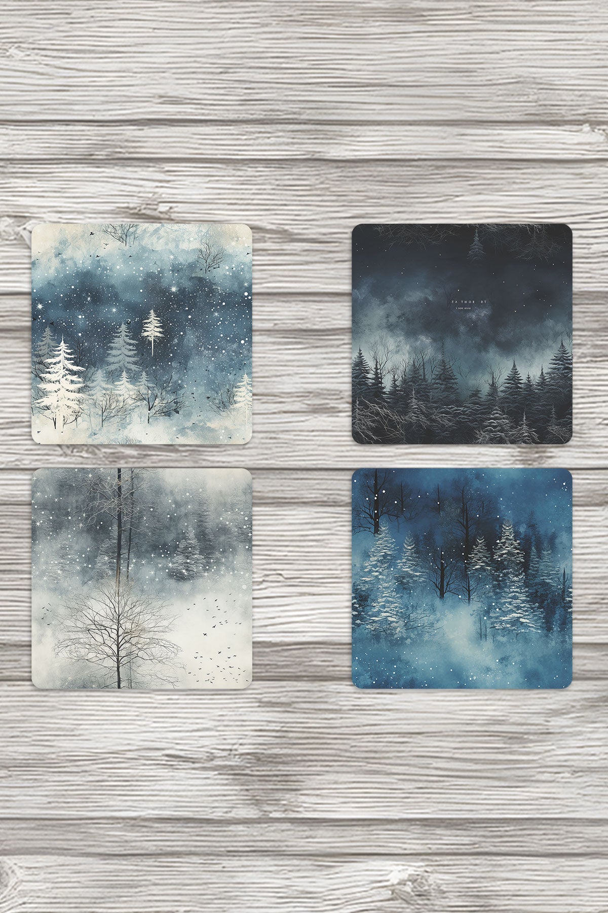 Kış Temalı No:4 Baskılı 4'lü Set Dekoratif Ahşap Kare Bardak Altlığı