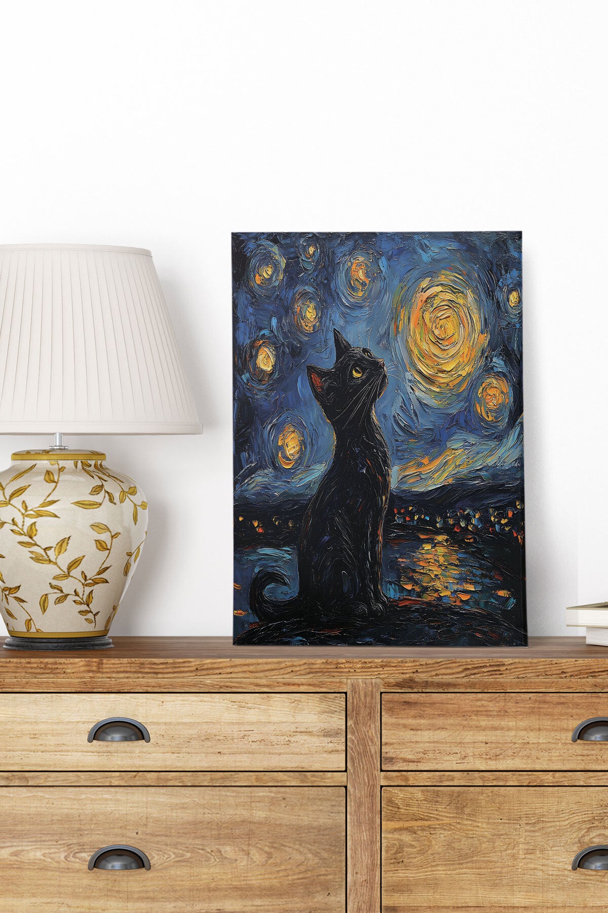 Starry Night Kediler Van Gogh temalı No 10 görselli 18x27 cm MDF ahşap duvar tablosu