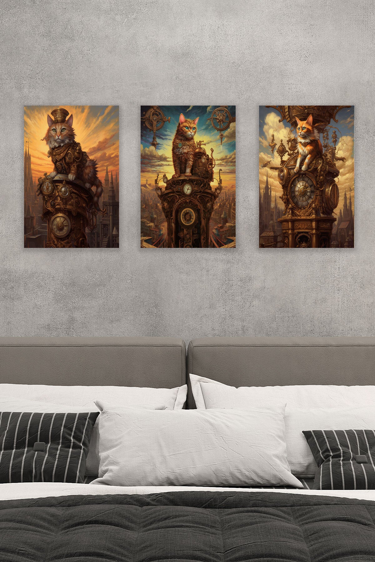 Steampunk Retro Sevimli Kediler No 2 3'lü set, 18x27 cm MDF ahşap duvar tabloları