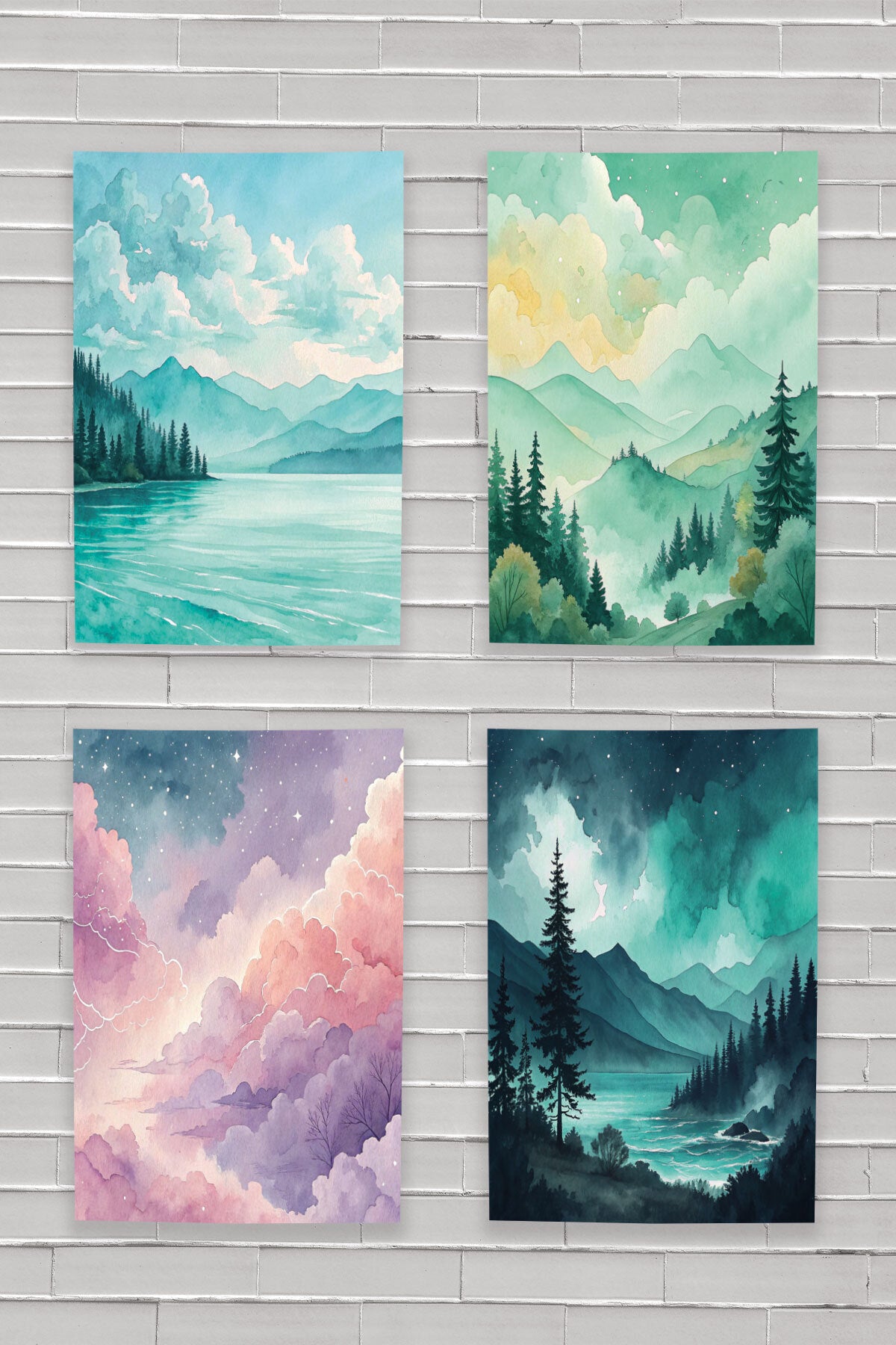 Suluboya Görünümlü Doğa Manzara temalı No 1 4'lü set, 18x27 cm MDF ahşap duvar tabloları