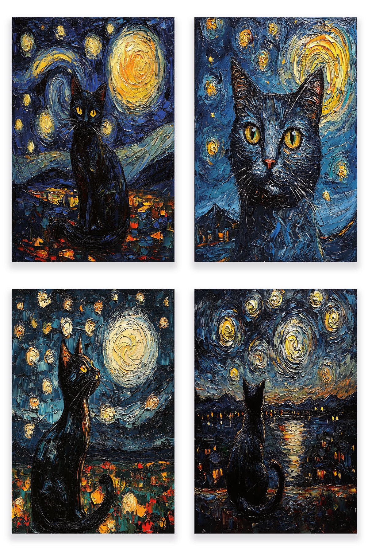 Starry Night Kediler Van Gogh temalı No 1 4'lü set, 18x27 cm MDF ahşap duvar tabloları
