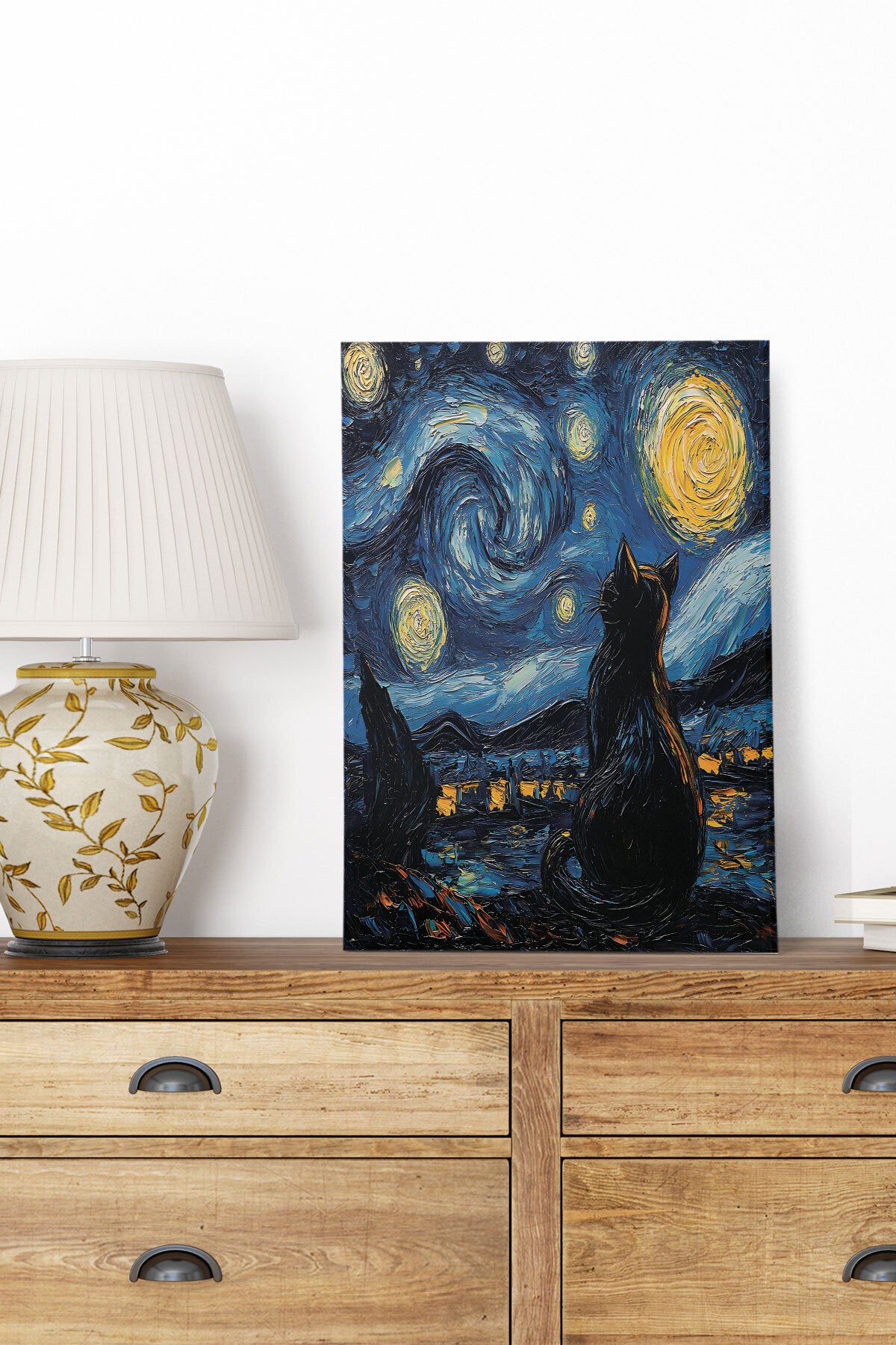 Starry Night Kediler Van Gogh temalı No 6 görselli 18x27 cm MDF ahşap duvar tablosu
