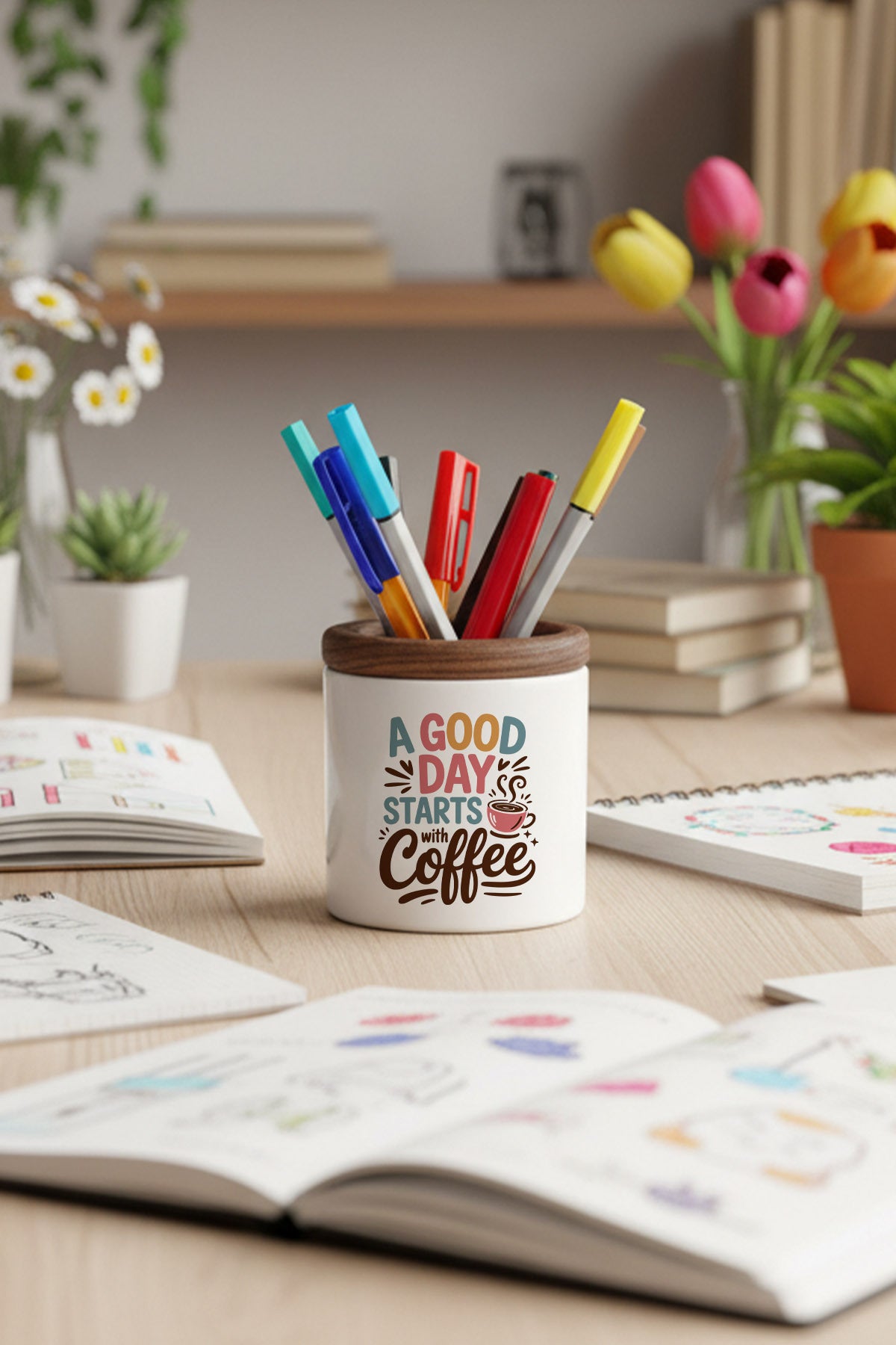 A Good Day Start With Coffee tasarımlı seramik kalemlik