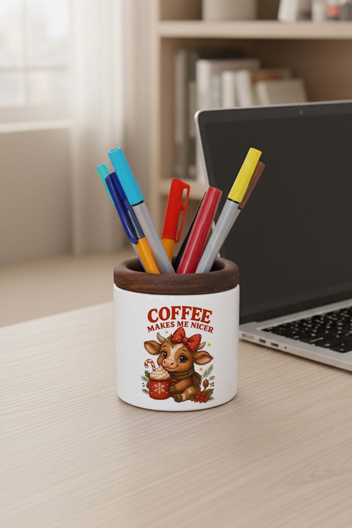 Coffee Makes Me Nicer Sevimli İnek tasarımlı seramik kalemlik