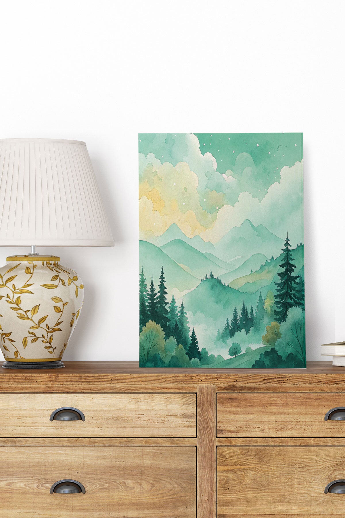 Orman ve Dağ Manzaralı Dalgalı Suluboya Görünümlü No 1 görselli 18x27 cm MDF ahşap duvar tablosu