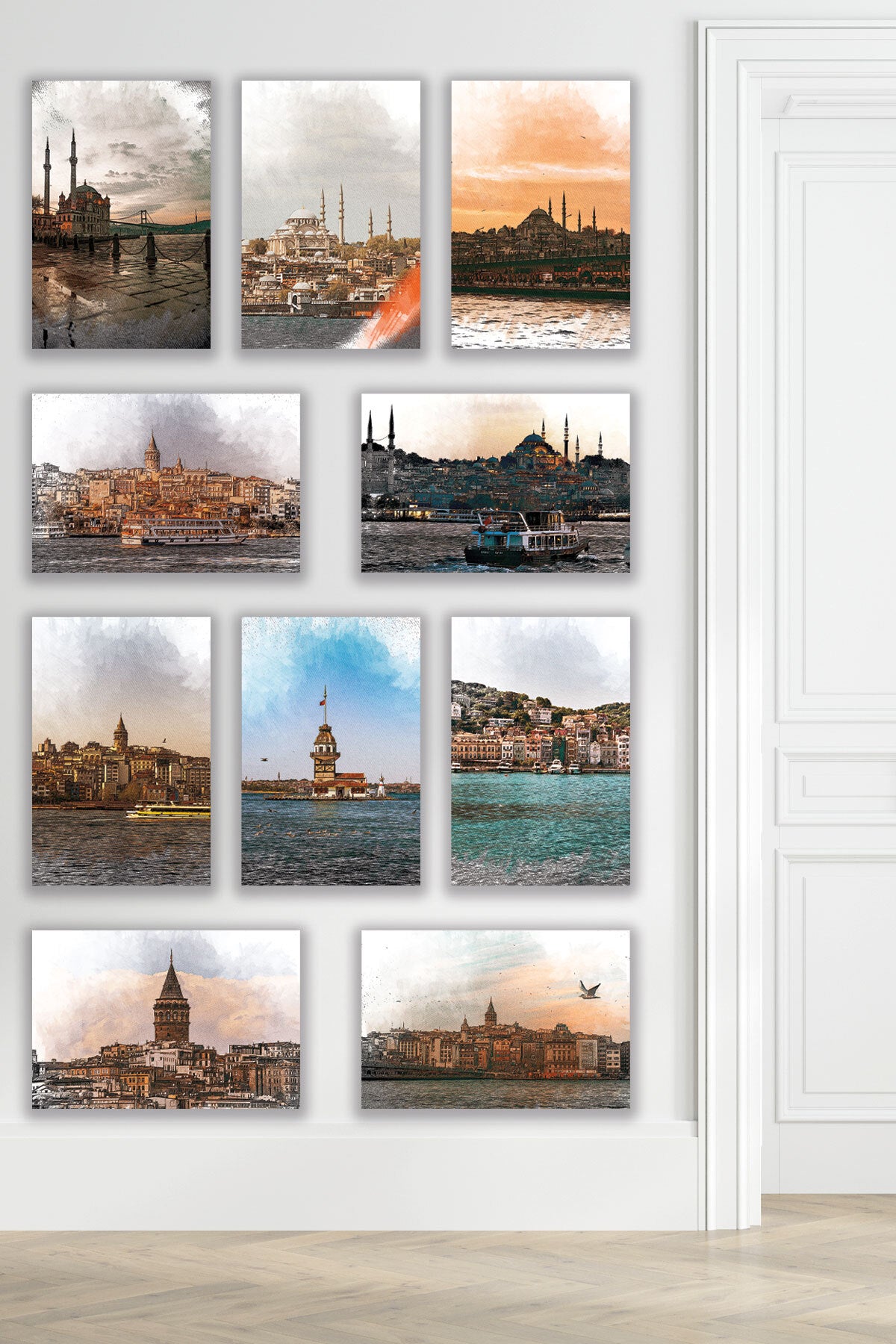 İstanbul 10'lu görselli 18x27 cm MDF ahşap duvar tablosu