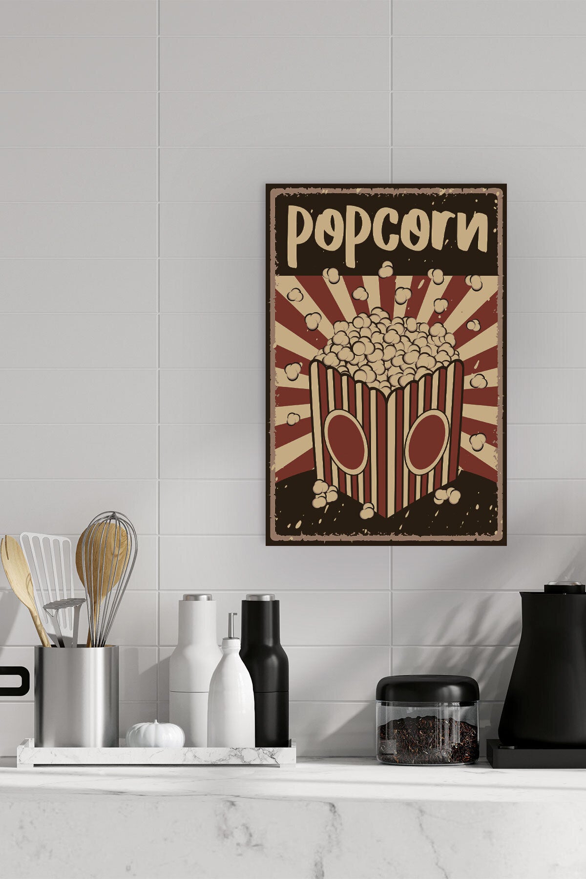 Retro Popcorn Mutfak No 3 görselli 18x27 cm MDF ahşap duvar tablosu