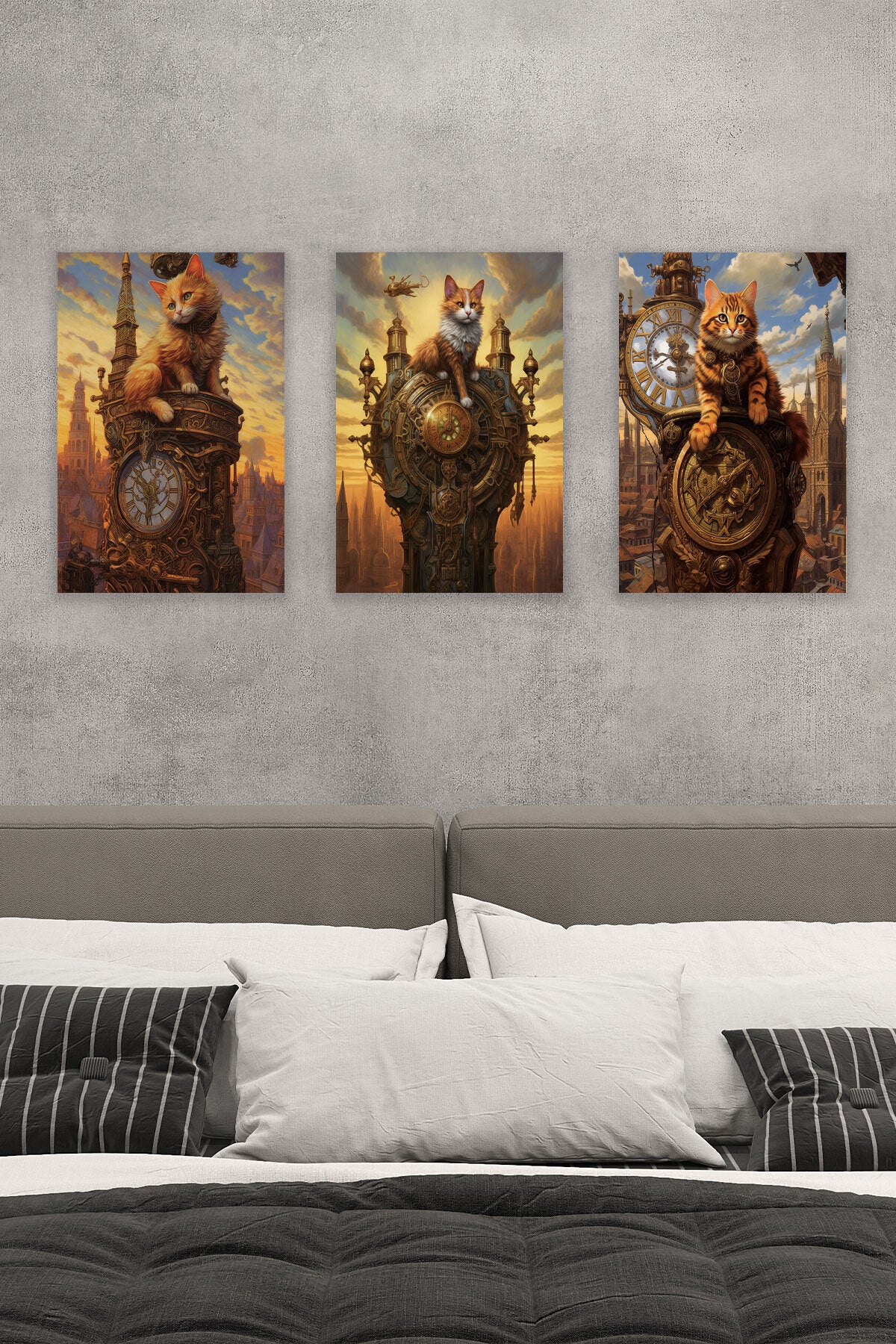 Steampunk Retro Sevimli Kediler No 5 3'lü set, 18x27 cm MDF ahşap duvar tabloları