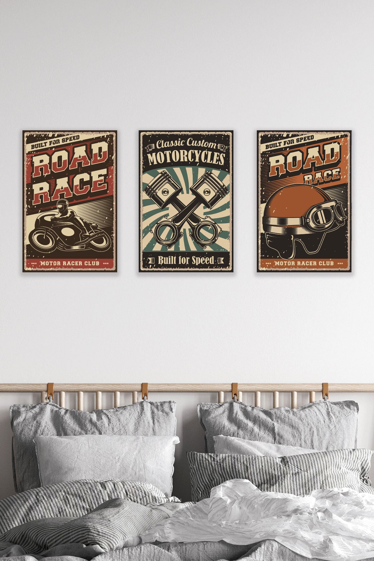 Road Race Retro Motorsiklet temalı 3'lü set, 18x27 cm MDF ahşap duvar tabloları