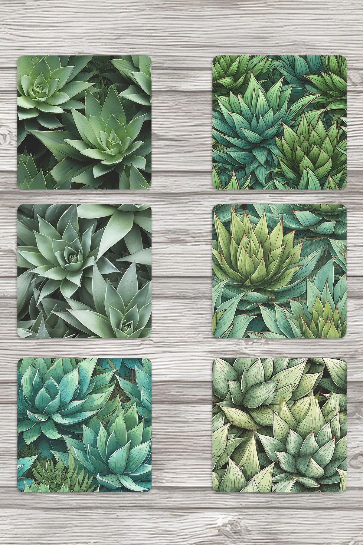 Aloe Vera Yaprakları Doğa Temalı Baskılı 6'lı Set Dekoratif Ahşap Kare Bardak Altlığı